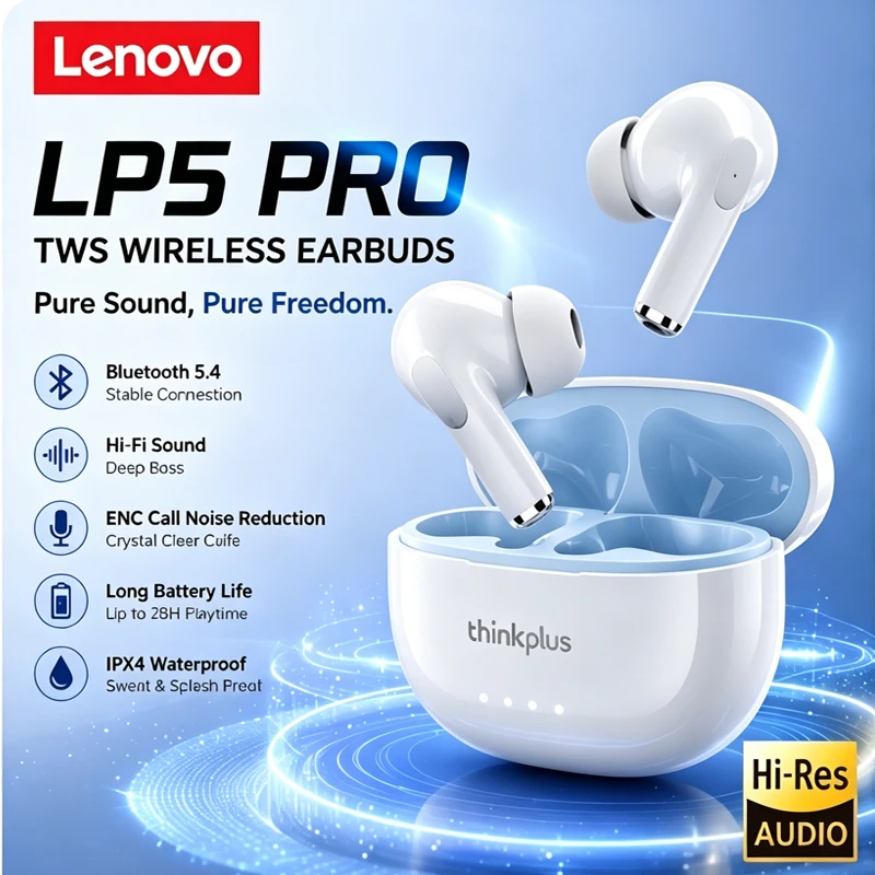 Auriculares Inalámbricos Lenovo LP5 PRO con Bluetooth 5.4, Auriculares TWS con Sonido HiFi para Juegos, Auriculares Deportivos LP5Pro con Micrófono y Larga Duración de Batería 2026