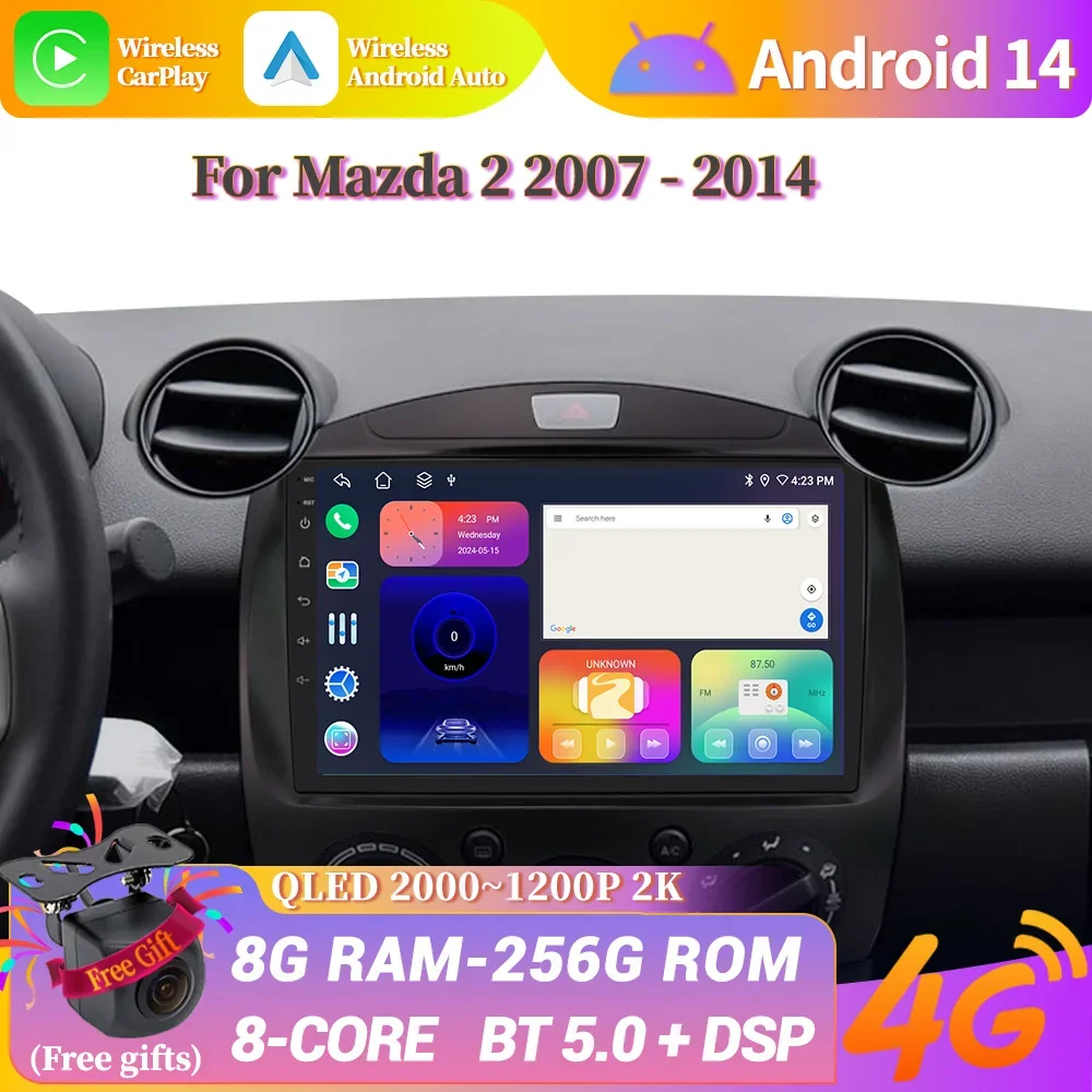 

Android 14 для Mazda 2 2007-2014 Автомобильный радиоприемник Мультимедийная навигация 4G GPS Apple Беспроводной Bluetooth CarPlay Сенсорный экран Стерео