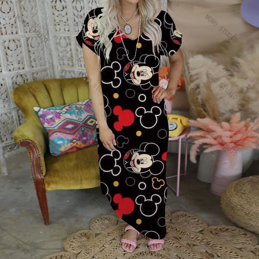 Casual Summer Women\'s Dresses V-Neck Long Dress Cartoon 2022 Disney Sexy Minnie Mouse Mickey Woman Clothes Leisure Maxi Robe Y2k