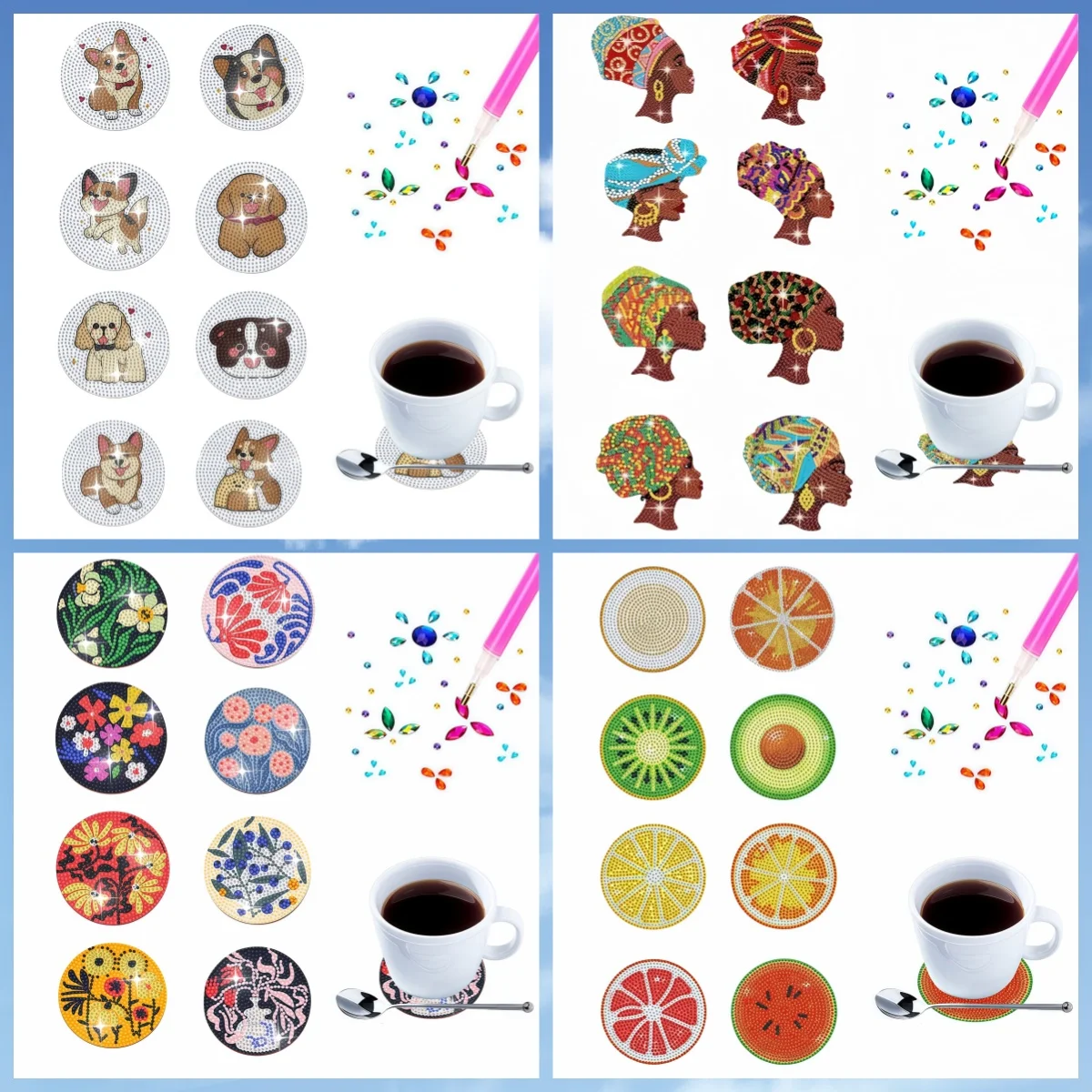 8 sets of DIY fruit, dog, flower and beauty pattern diamond painting coasters, suitable for living room decoration
