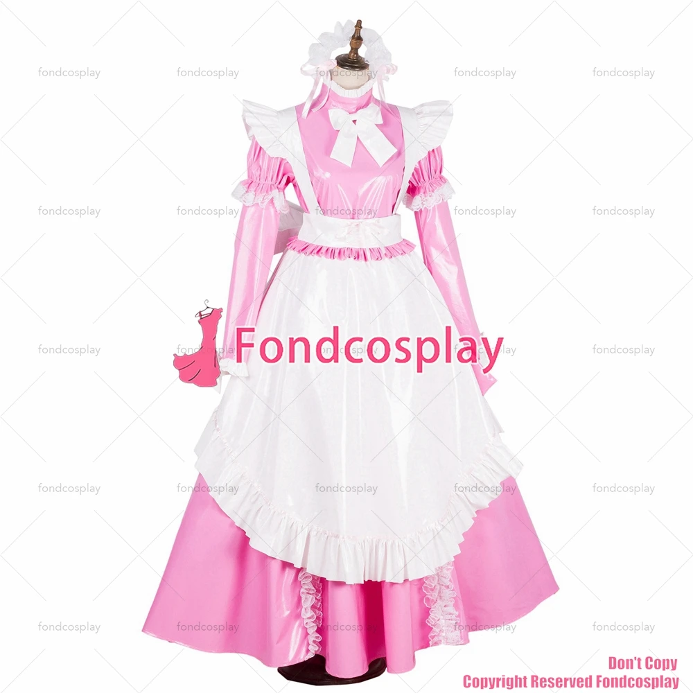 fondcosplay adult sexy cross dressing sissy maid long lockable baby pink thin PVC vinyl dress white apron CD/TV[G1801]