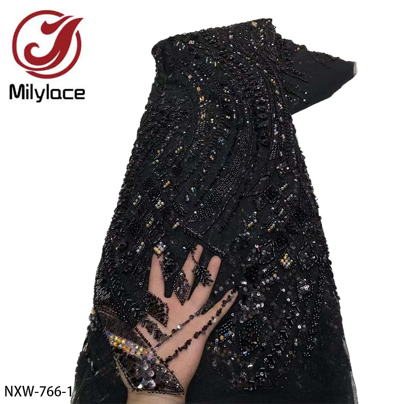 

Nigerian Heavy Handmade Beads Tulle Lace Fabric Luxury Sequins Lace Fabric for Women Evening Cloth Dresses NXW-766