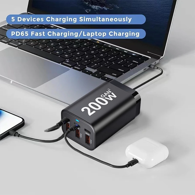 200W 6-Ports Type-C USB Desktop Charger PD UBS-C Fast Charging Power Adapter For Macbook Laptop For Iphone Android Tablet Trips