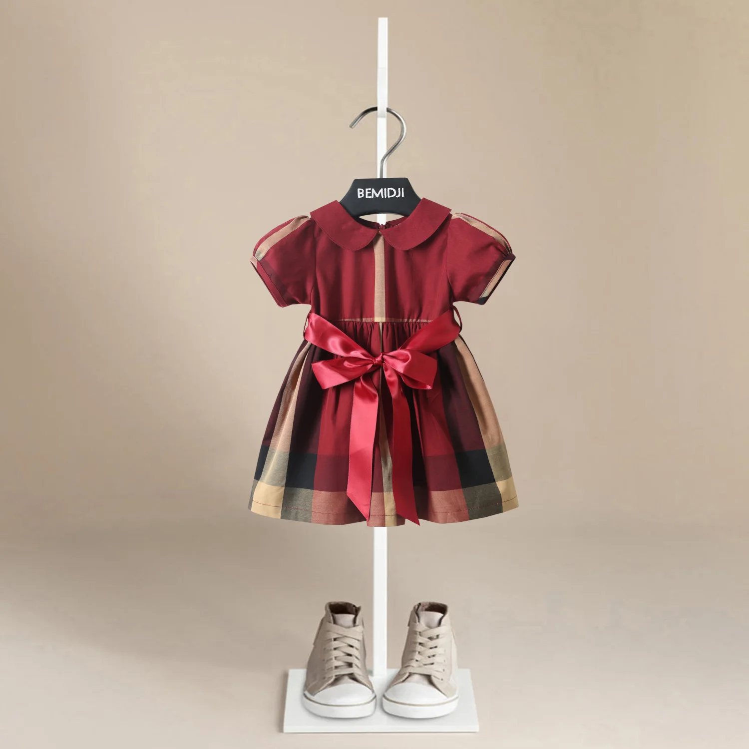 

2024 Summer Girls' British Princess Style Dress Western Style Purplish Red Baby Tartan Skirt Thin Cotton Children's Clothing