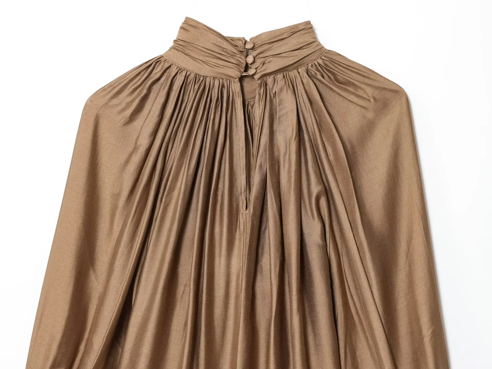 BSAY 2026 Französische Minimalistische Damen-Satinbluse mit Stehkragen, gerafftem Design, Laternenärmeln, lockerem Schnitt, glänzend, elegant, für Bürokleidung, Oberteil – Detail 12