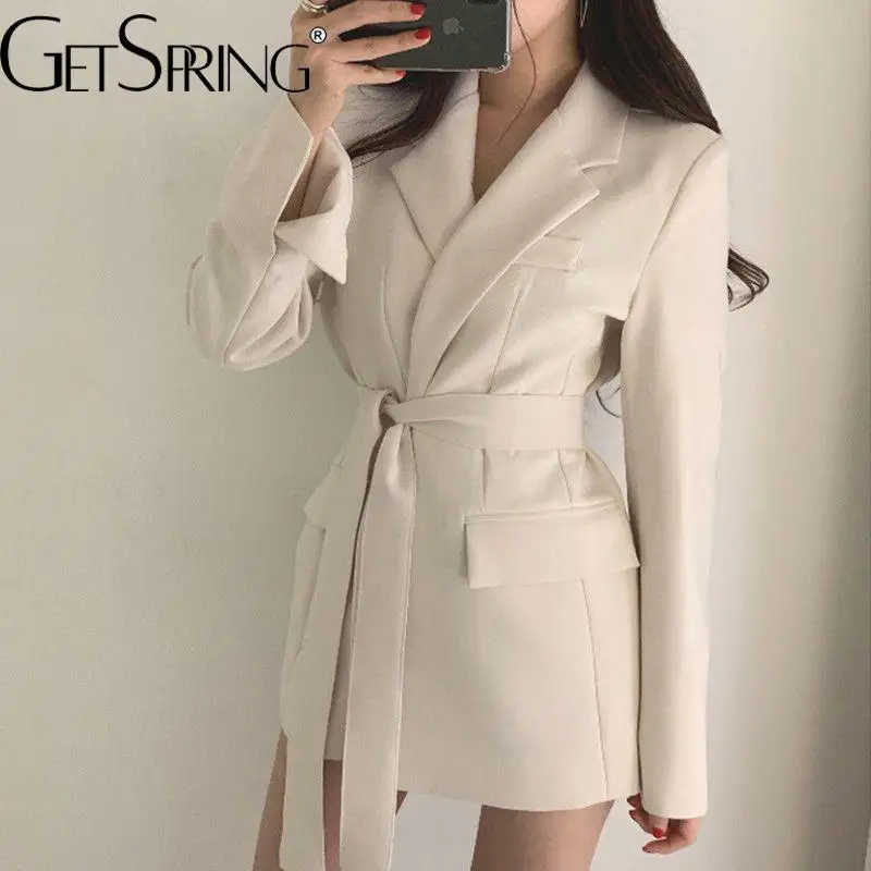 GetSpring Women Blazer 2025 Spring Lace Up Slim Fit Long Sleeve Ladies White Black Blazer Coat Women's Slim Long Suit Jacket New