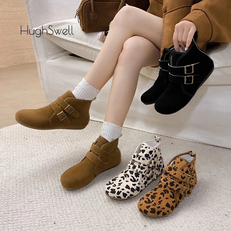 

Cow Leopard Printed Ankle Boots Woman Winter Warm Plush Slip-on Short Booties Ladies Classic Round Toe Buckle Strap Birken Botas