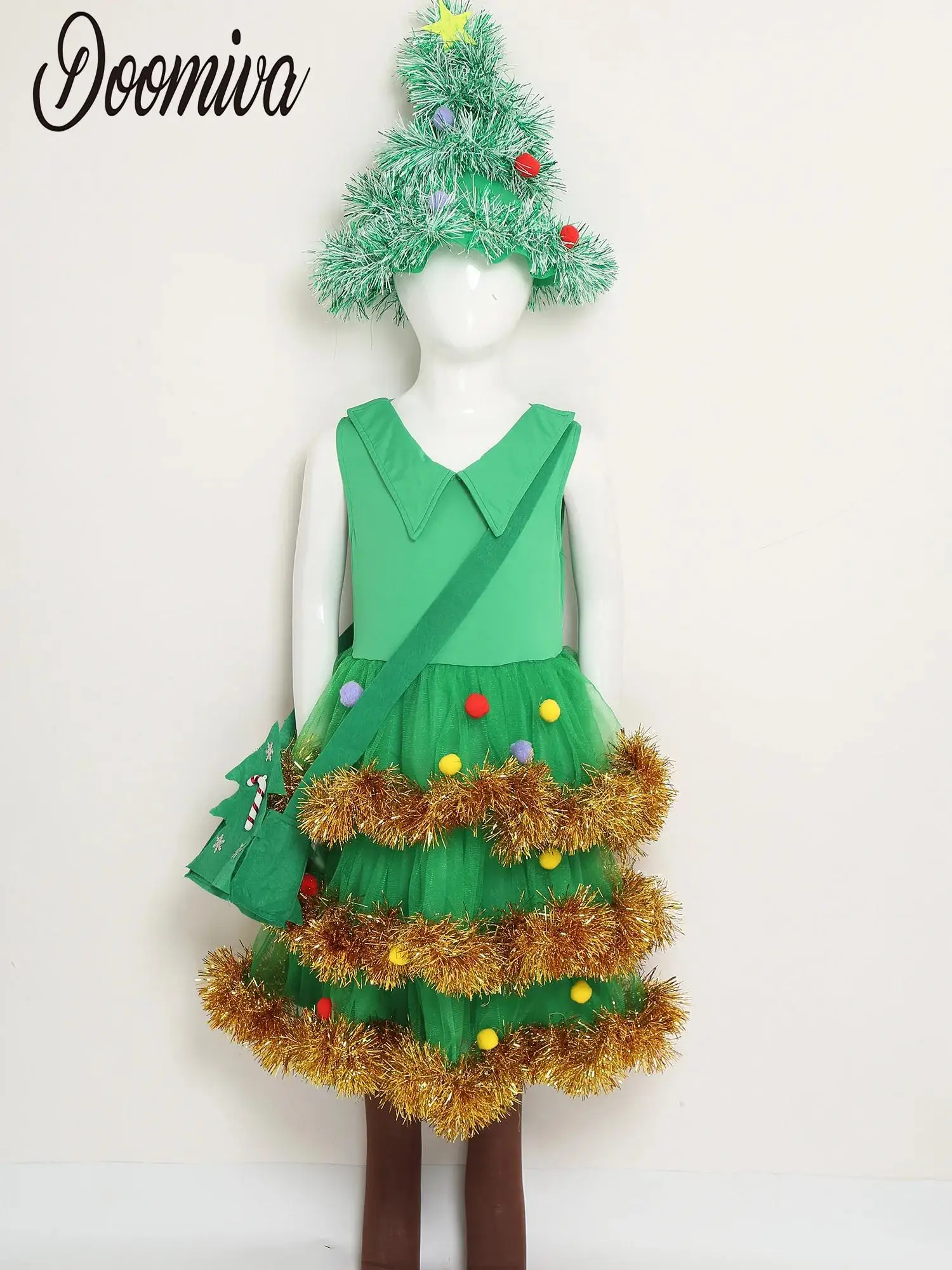 

Girls Christmas Tree Dress-up Costume New Year Party Tutu Dress Set Shiny Sleeveless Layered Ruffled Dress with Hat Bag Sock