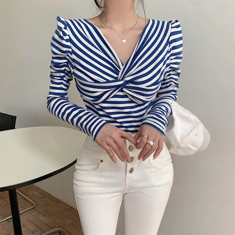Romantic Indie All-Match Long Sleeve Crop Top French Style Fashion Women Clothing Women 2022 Sexy Stripe Off Shoulder T-shirts