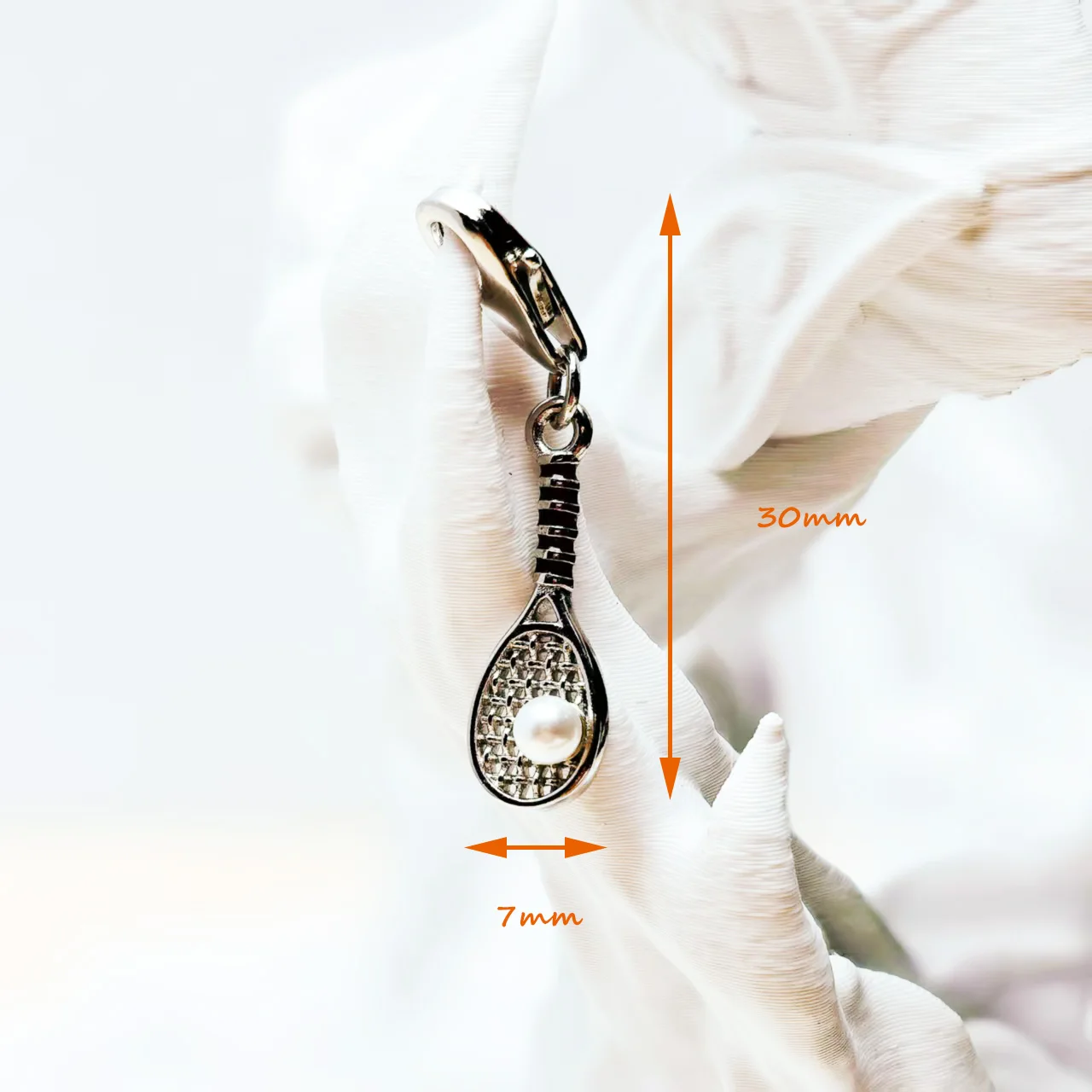Tennis Racket with Freshwater Pearl Dangle Charm Pendant 925 Sterling Silver Sporty Gift For Women Men