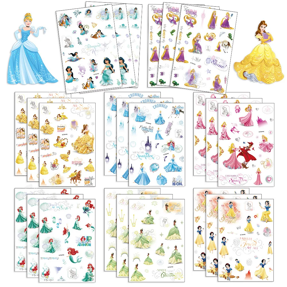 8/16Sheets Disney Princess Cute Ariel Tiana Belle Stickers Cartoon Graffiti Decals Kids Toy DIY Scrapbook Phone Case Laptop