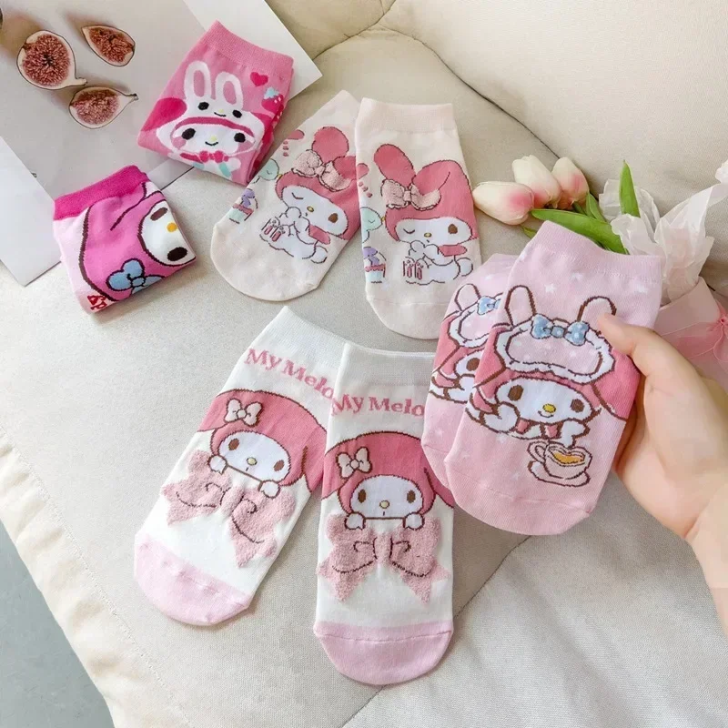 5 คู่หวาน Sanrio My Melody การ์ตูนผ้าฝ้ายถุงเท้าอบอุ่นน่ารักผู้หญิงที่มองไม่เห็นถุงเท้าคริสต์มาสเด็กของขวัญ