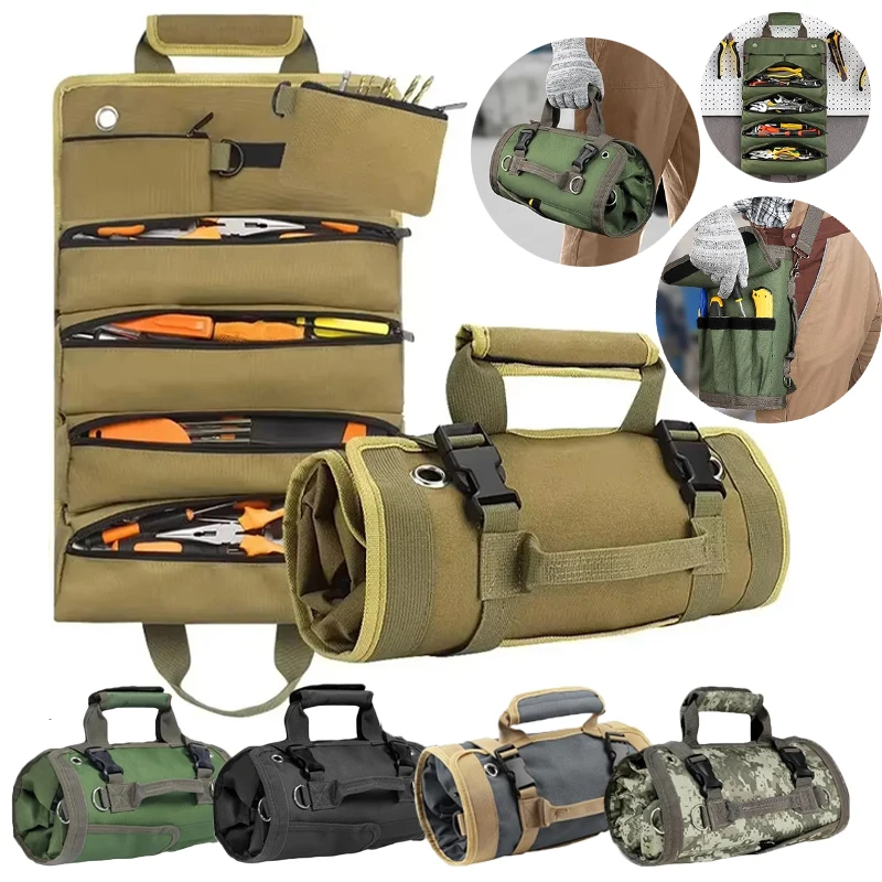 

Professional Roll Up Tool Bag Foldable Multi Pocket Organizer Oxford Fabric Mechanic Tools Bag with Shoulder Strap for Dad Gift