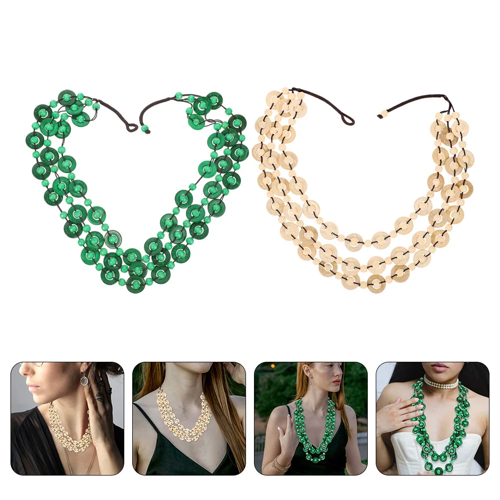 

2 Pcs Bohemian Necklace Wood Colorful Layered Beaded For Women Coconuts Shell Statement