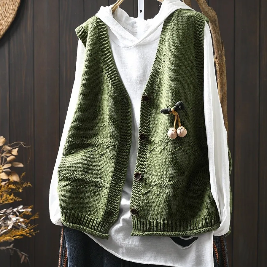 เสื้อสเวตเตอร์ถักไหมพรมคอวีลายดอกไม้ทำมือสำหรับผู้หญิง สไตล์หลวมๆ ใส่สบายๆ สำหรับฤดูใบไม้ผลิและฤดูใบไม้ร่วง สไตล์เรโทร พร้อมแผ่นรองไหล่