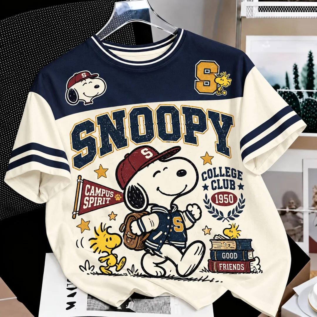 Snoopy Peanuts Vintage Varsity T-Shirt, Retro-Ärmel, Grafik, kurzärmeliges T-Shirt, Herren-, Damen- und Kinderbekleidung, Sommer, Y2k, Damen ﻿ – Detail 5