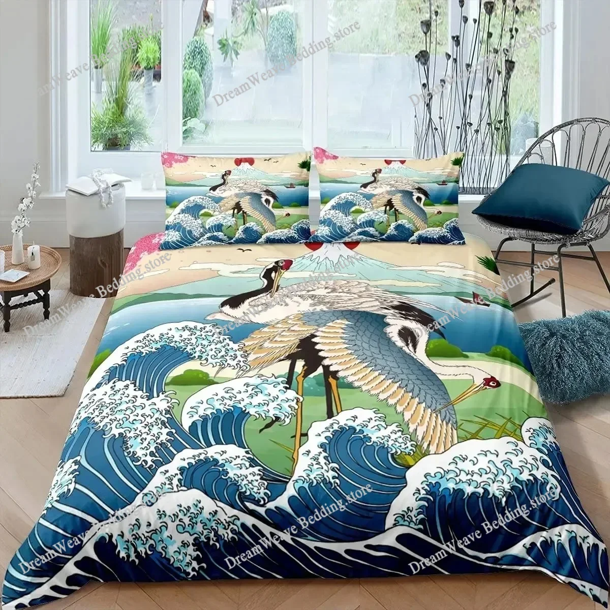 

Japanese-Style Crane Duvet Cover Set Queen Size Cherry Blossoms Bedding Set Women Girls Japanese Traditional Quilt Cover