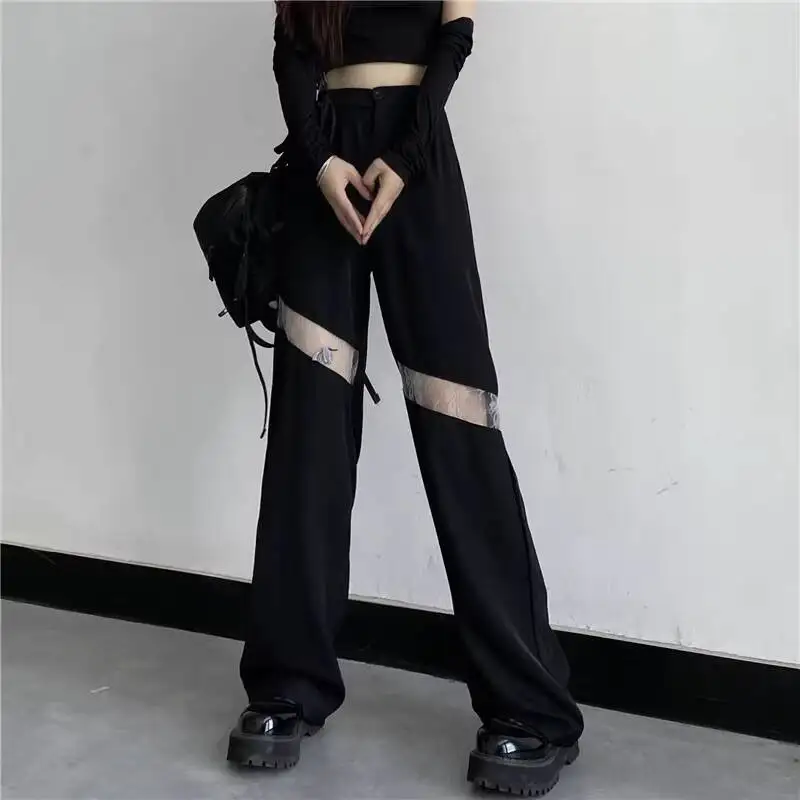 

2026 New Plus Size Women Harajuku Style Cutout Ripped Straight Wide Leg Suit Pants High Waist Floor Length Trousers Summer