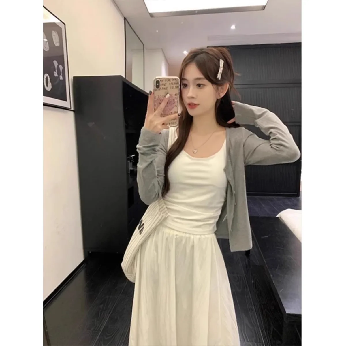 رمادي سليم صالح محبوك سترة مفتوحة كم طويل ملابس خارجية غير رسمية بسيطة تنوعا العلامة التجارية المرأة طاقم الرقبة البلوز الأعلى #2