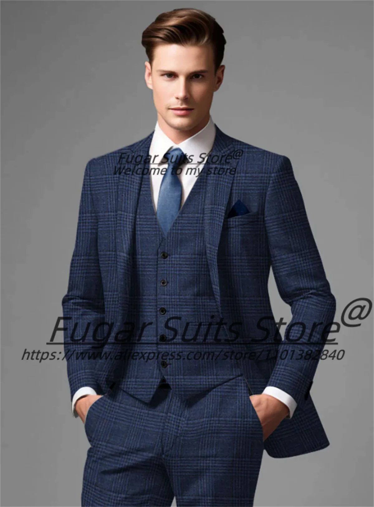 Italian style Classic Navy Blue Plaid Men Suits Slim Notched Lapel Groom Tuxedos 3 Pieces Sets Business Male Blazers Ropa Hombre