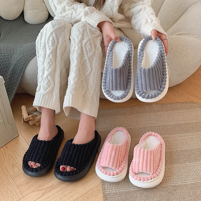 Winter Women Fashion Plush Slippers Open Toe Soft Sole Fluffy House Shoes Woman Indoor Comfort Warm Faux Fur Home Slippers