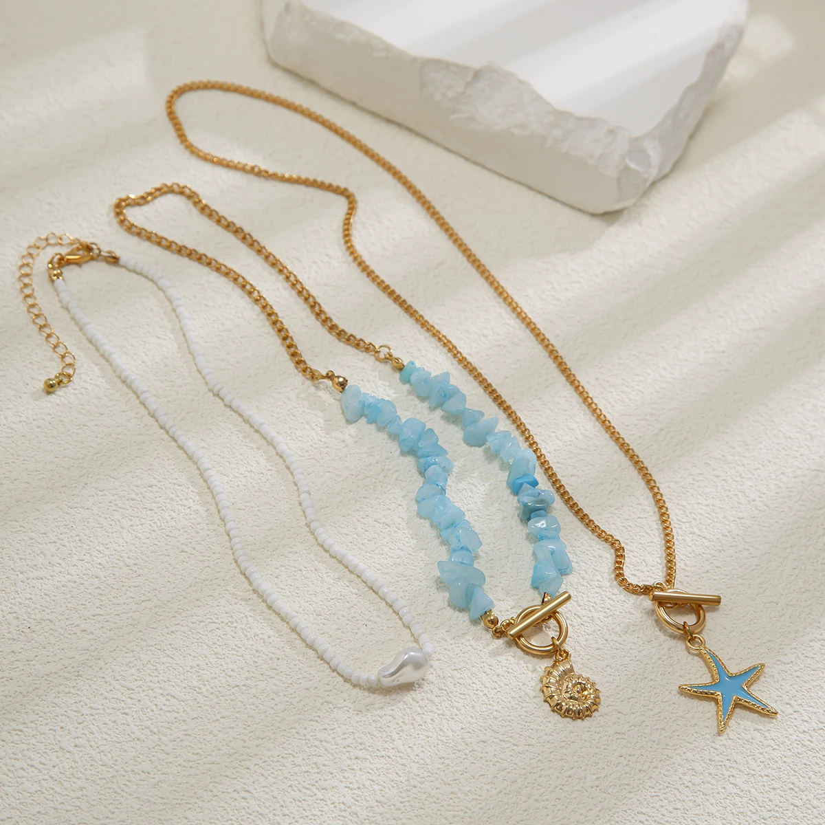 IngeSight.Z 3pcs/set Bohemian Conch Starfish Pendant Necklace for Women Trendy Rice Bead Link Chain Necklace Set Jewelry