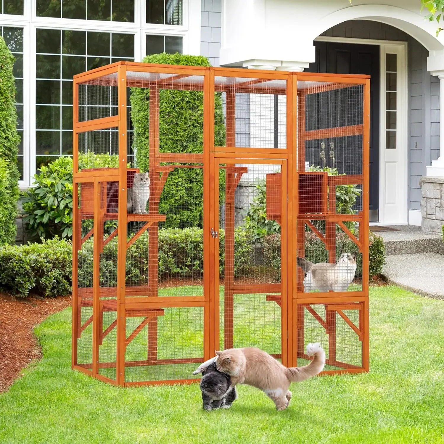 

70" Wooden Extra Large Outdoor Cat Cage Catio with Perche&Condo, Assembled Play Run Cat Enclosure Indoor Kitty Window Kennel