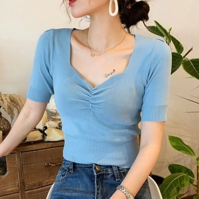 Women Monochromatic Square Collar Short Sleeve T-Shirt, Slim Top, Elegant Clothes, Sexy, All-match, Office Lady, Summer Fashion