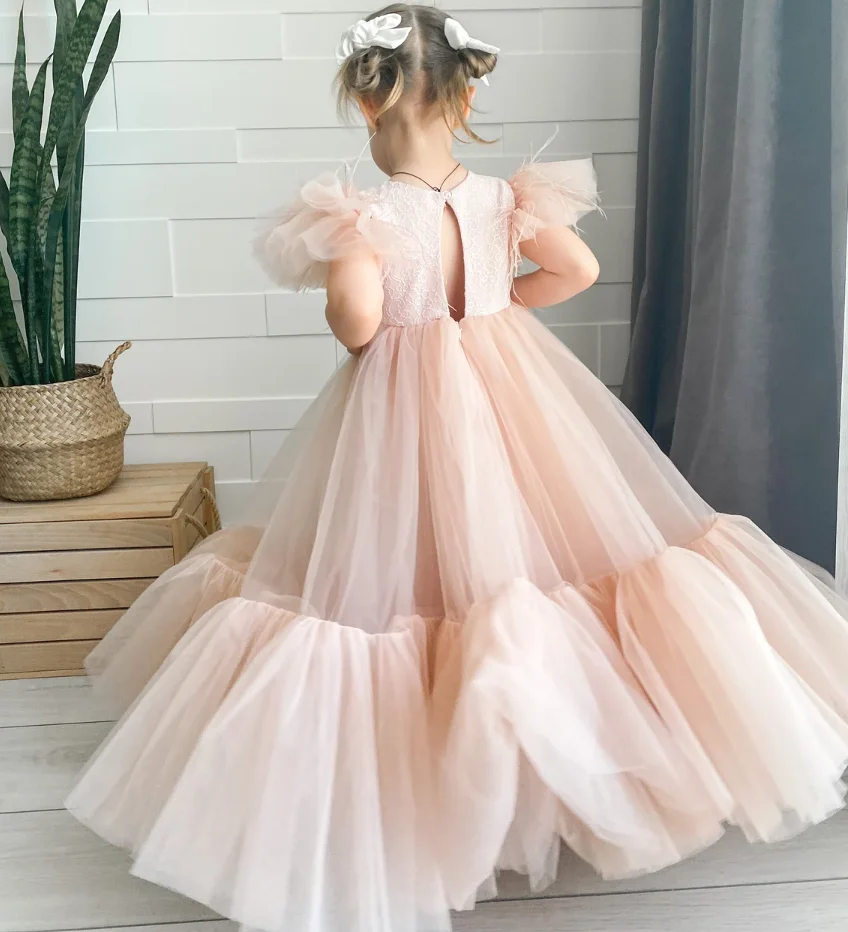 

Blush Flower Girl Dress Junior Bridesmaid Dress Tutu Outfit Lace Top Feather Sleeves Girls Ball Gown First Communion Dress