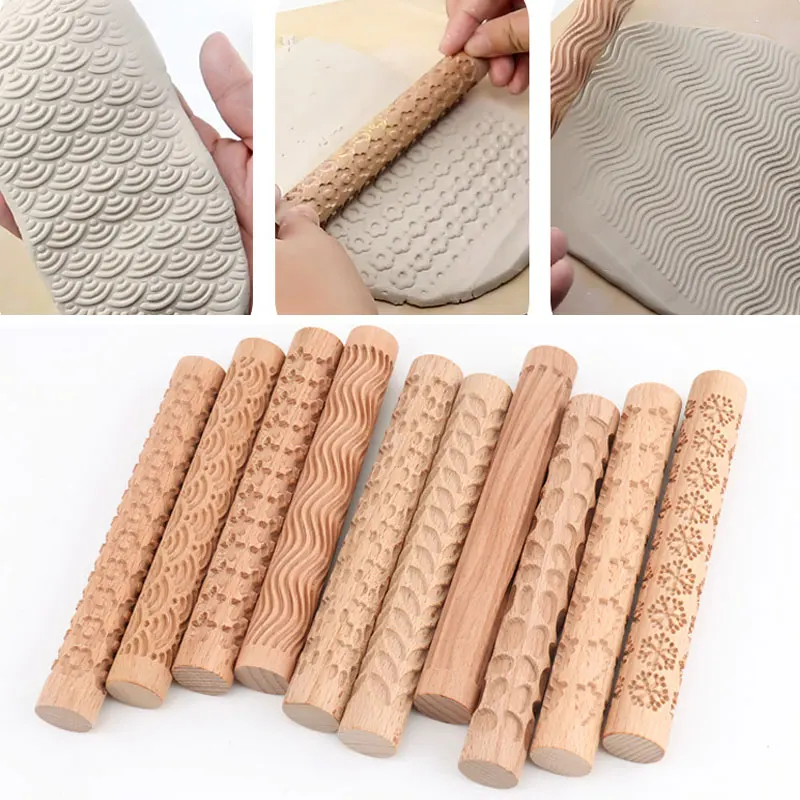 Pottery Art Wood Texture Roll Relief Tree Stone Flower Pattern Embossed Rod Mud Roll DIY Ceramic Sculpture Modeling Clay Tools