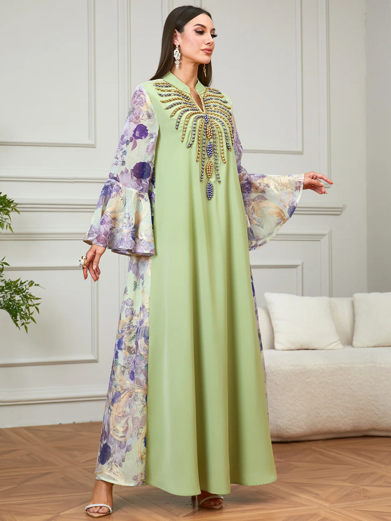 

Дубайская вышитая бисером джалабия-абайя, мусульманское женское платье с расклешенными рукавами, турецкий кафтан, исламская одежда, марокканское платье для женщин