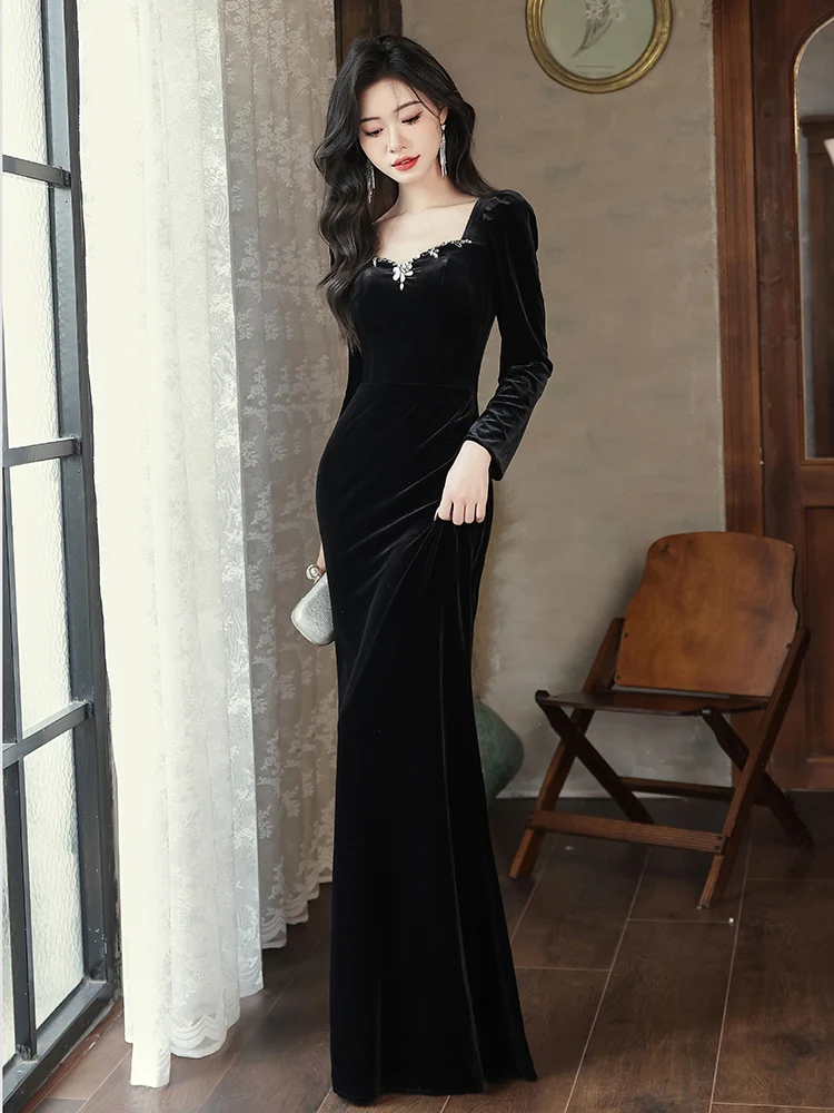 

Ele Bla Velvet Evening Dr for Important Ocns Luxury Host Gown Ele Long Sve Fi Tail Gown for Parties