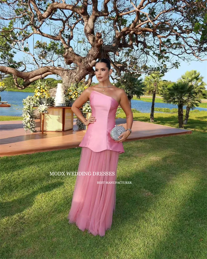 MODX – robe de soirée en Satin rose Simple, épaules dénudées, gaine, ourlet en Tulle, arabie saoudite, robe de bal formelle pour femmes, personnalisée