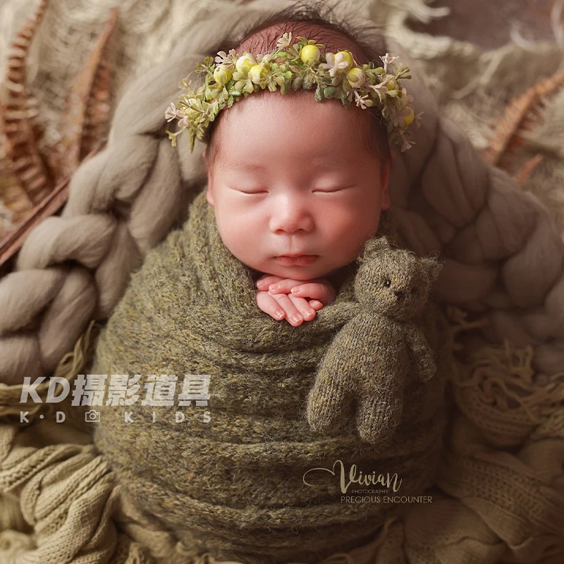 ชุดถ่ายภาพทารกแรกเกิดแบบมืออาชีพ หมวกปอมปอมเด็ก + ผ้าห่อตัวถักไหมพรมอุ่น + ของเล่นตุ๊กตาผ้าขนสัตว์ ผ้าห่มถักโครเชต์ อุปกรณ์ประกอบฉากถ่ายภาพ