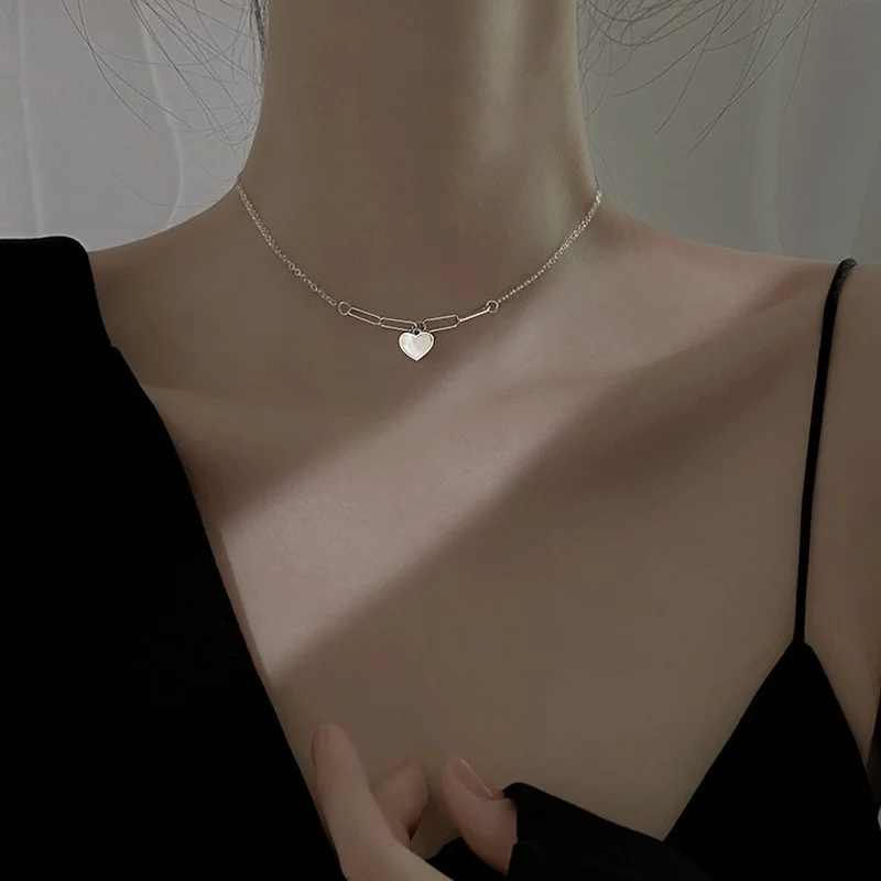 VOQ Silver Color Heart Shell Necklace Women's Simple Necklace Versatile Clavicle Chain Fashion Party Gift