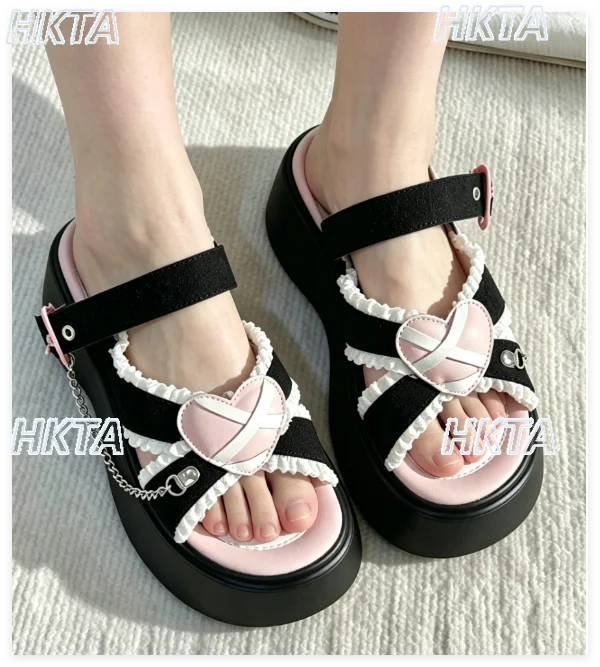 Japanese Summer Slippers New Kawaii Daily Casual Lolita Platform Slippers Sweet Cute Lace Love Chain Polka Dots Sandals Women