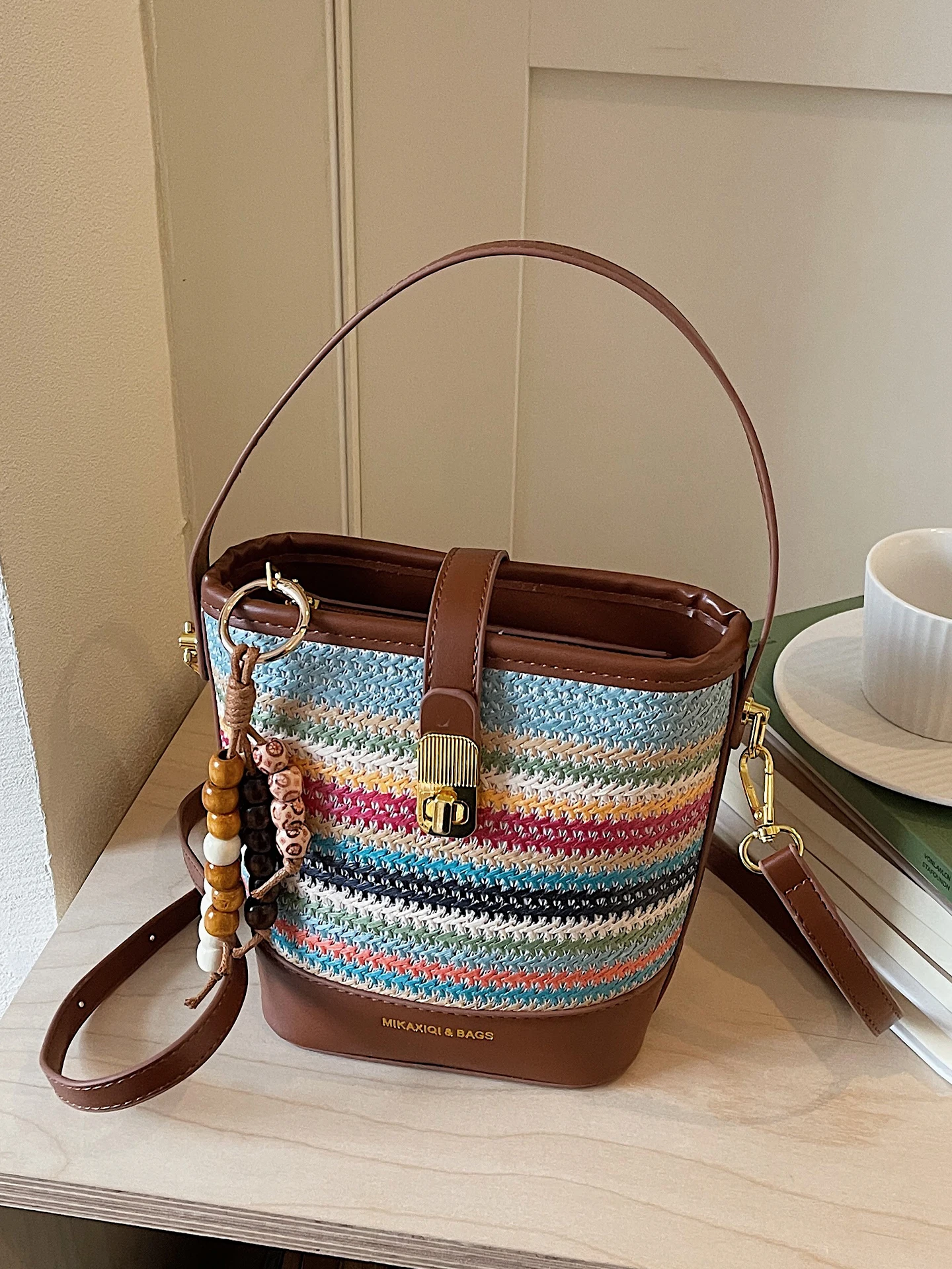 

Color Block Straw Woven Bag Women's Summer Spring Handbag Shoulder Bag Casual Style Foldable Bucket Bag for Vacation