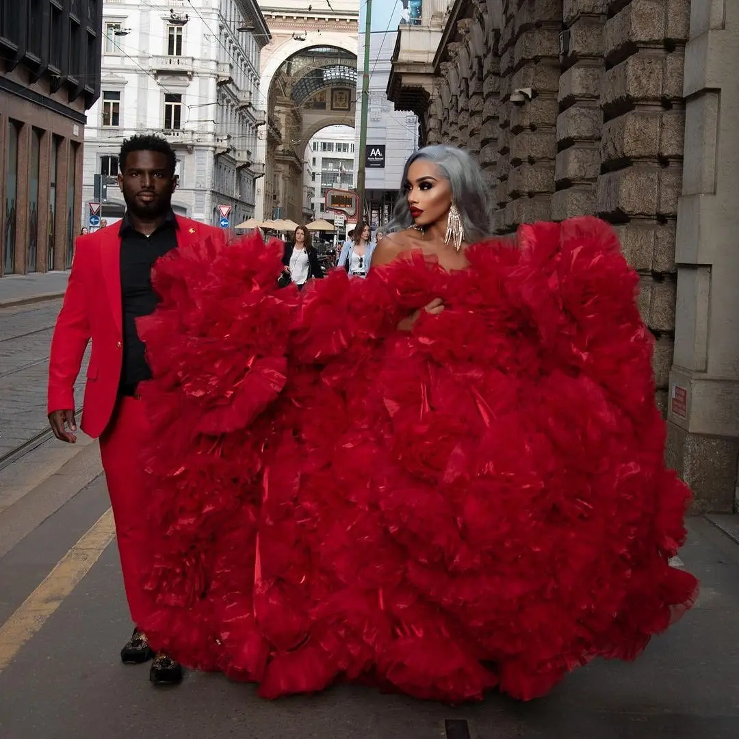 Extra Puffy Rose Red Ruffles Tulle Long Formal Party Dresses Mesh Tutu Ball Gowns Gorgeous Bridal Dress