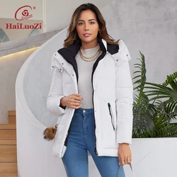 HaiLuoZi 2023 New Women's Down Jacket Side Pockets With Hairball Detachable Hood Female Parkas Bio-Cotton Warm Women Coats 1108