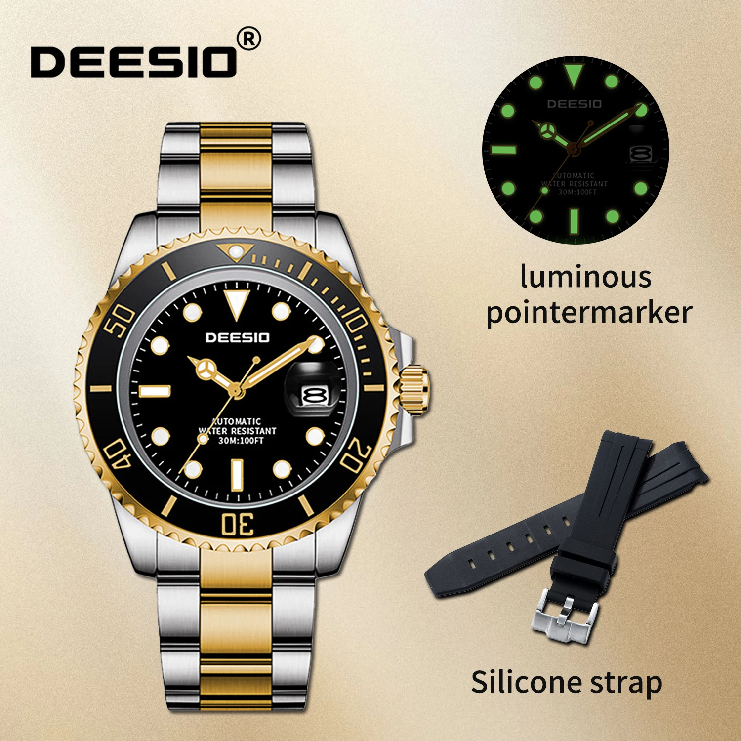 

Deesio Роскошные мужские механические автоматические часы из нержавеющей стали, водонепроницаемые светящиеся циферблаты, деловые деловые наручные часы, мужской подарок