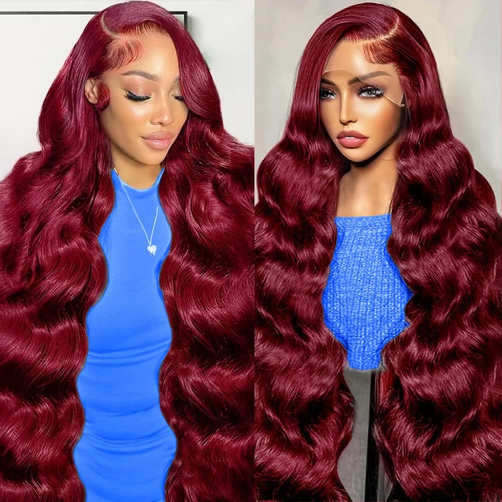 Pelucas de encaje máximo 99j burdeos 13x6, pelucas de cabello humano con frente de encaje de color rojo de 36 pulgadas, onda del cuerpo de encaje HD de 220 de densidad brasileña para mujeres