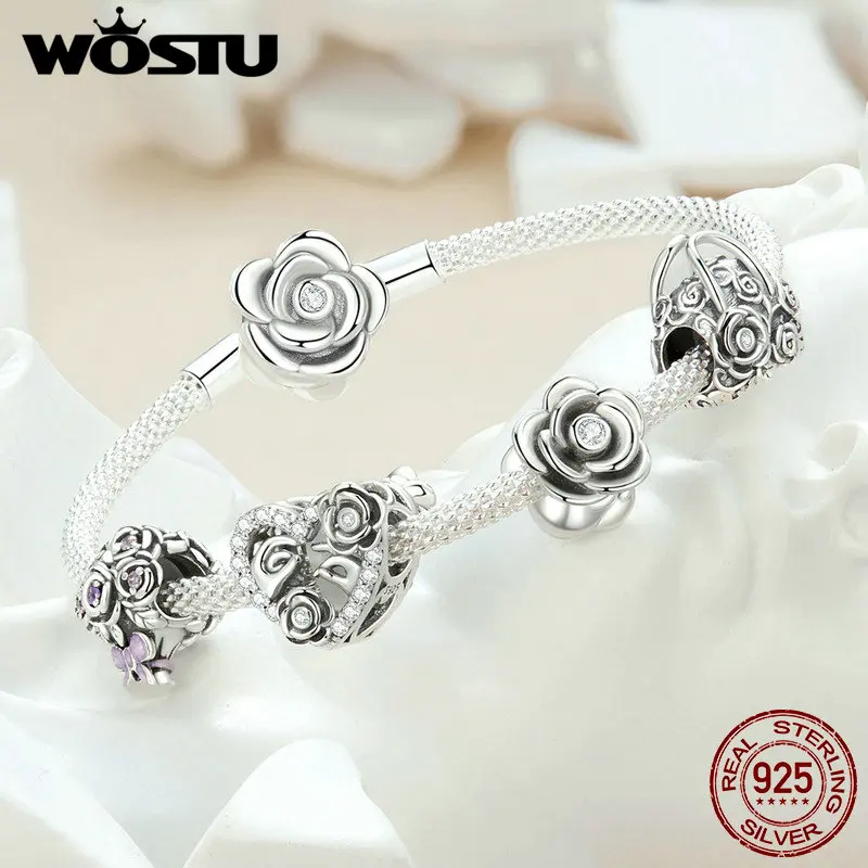 

WOSTU 925 пробы серебро ретро 3D Резные розовые пробки Бусины окисленные капли цирконы Бабочка Шарм Подходит оригинальный браслет DIY