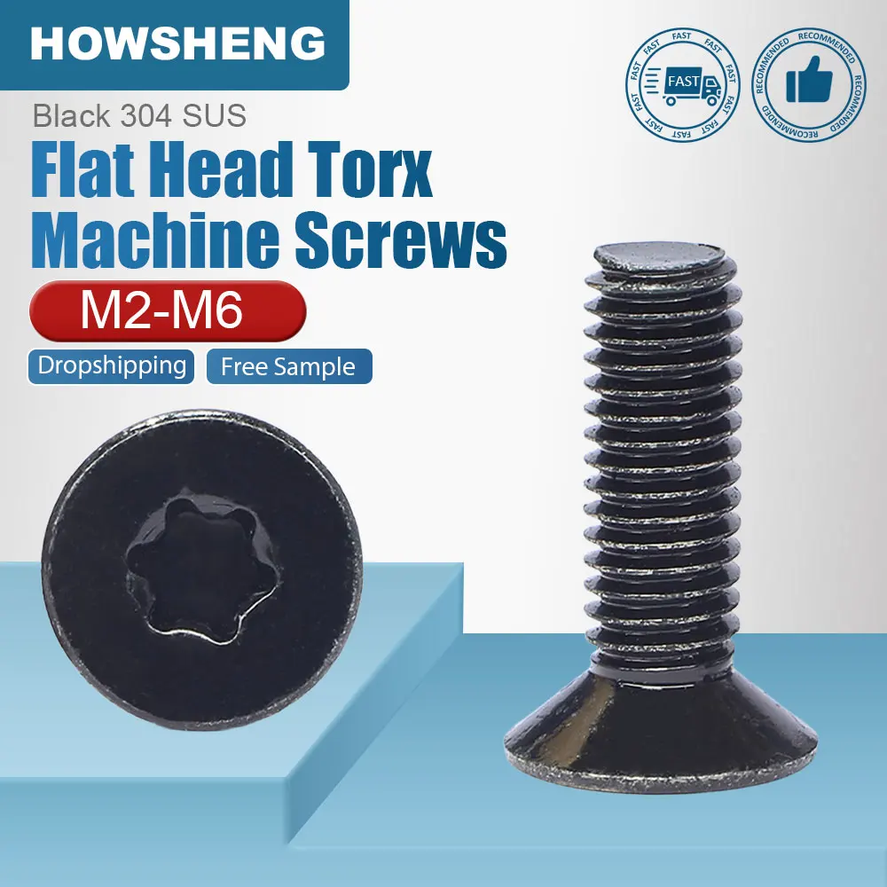 HOWSHENG 10-30 pièces/sac Vis de machine à tête Torx plate en acier inoxydable 304 noir M2 M2.5 M3 M4 M5 M6 M8 Vis à tête CSK six lobes