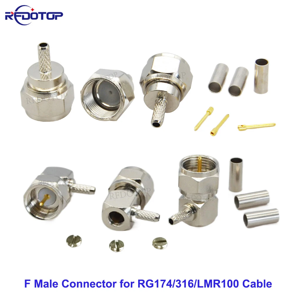 

10Pcs/Lot F Male Plug Straight/90 Degree 50 Ohm F Type 50-1.5 Connector Crimp for RG174/RG316/LMR100 RF Cable Gold Plated Brass