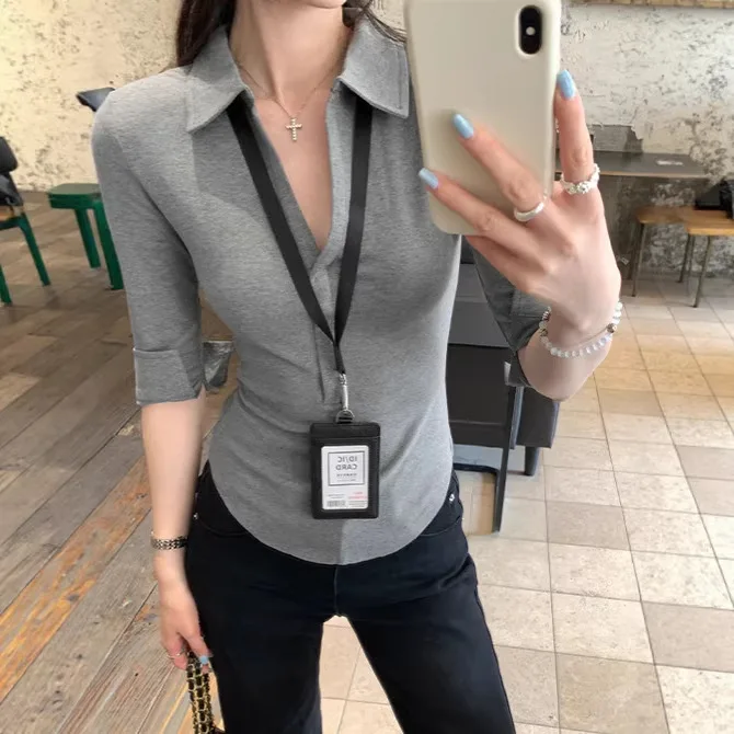 Lapel Navy Blue Front Shoulder Medium Sleeve T-shirt Women's Spring and Summer 2026 New Top