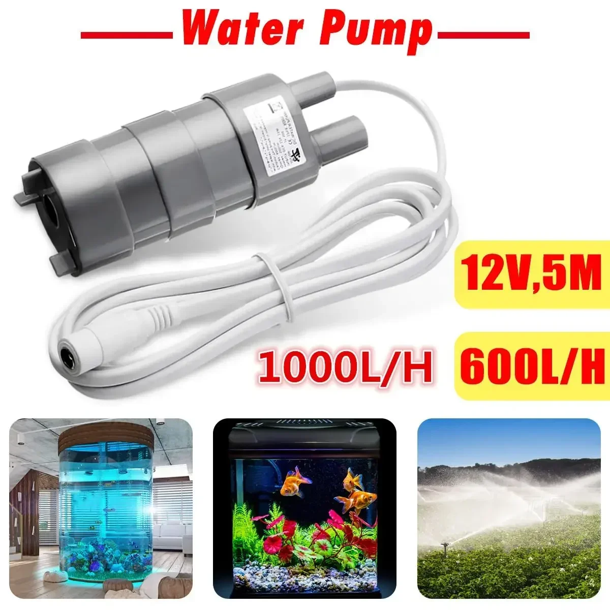 DC 12V Water Pump for Fish Tank Magnetic Submersible Water Pump 5M 600 1000L/H Fish Pond Garden Boat Water Pump Tank Fountain