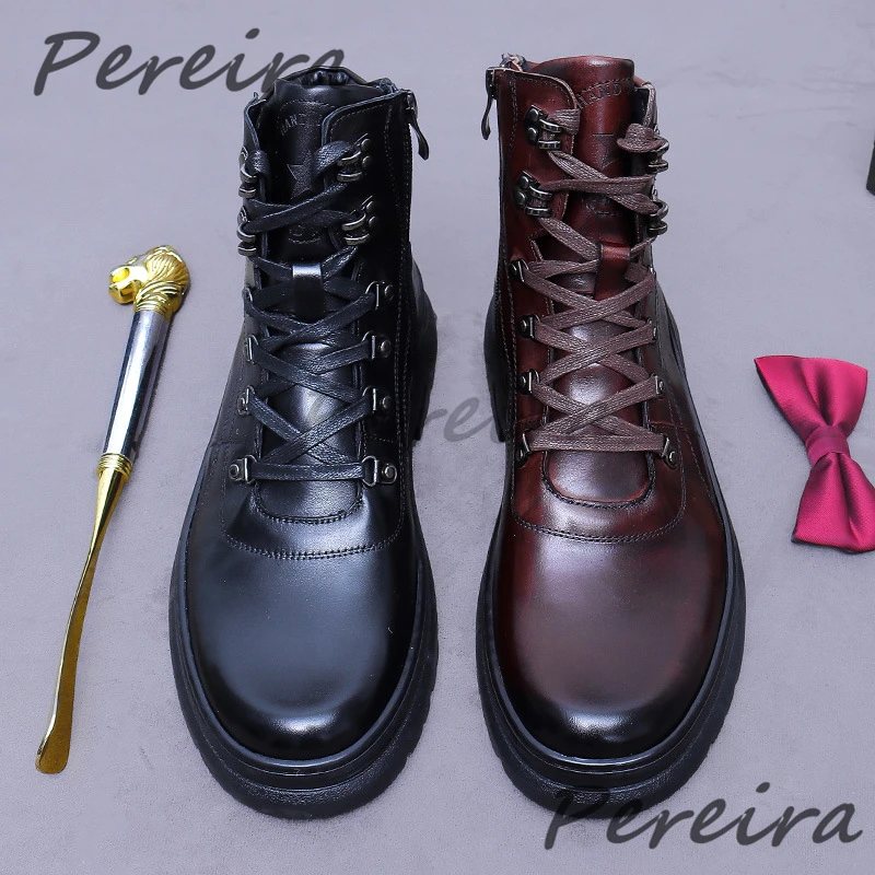 Autumn Winter Trend Cowhide Motorcycle Boots Round Toe Height Increasing Thick Soled High Top Boots British Style Men's Shoes