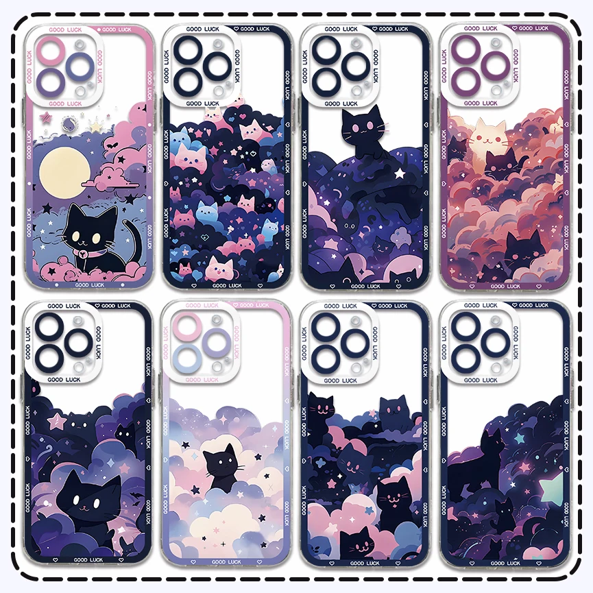 Starry sky stacked black cat Clear Case For Samsung A73 A72 A71 A55 A52 A51 A50 A35 A33 A32 A31 A30 A24 A23 A22 A13 A12 A05 5G
