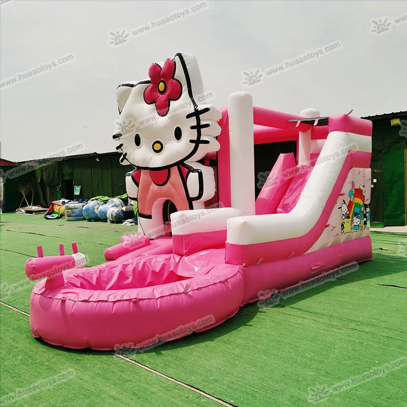 Cartoon Kat Roze Springkussen Kasteel Nieuw Design Combo Jumpers voor Kinderfeest Draagbaar PVC Met Blower Accessoire