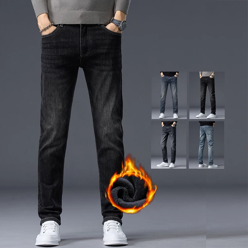 

Thickened Winter Fleece Stretch Jeans Men's Fashion Slim Business Casual Warm Velvet Denim Trousers Male Vintage Plush Pants